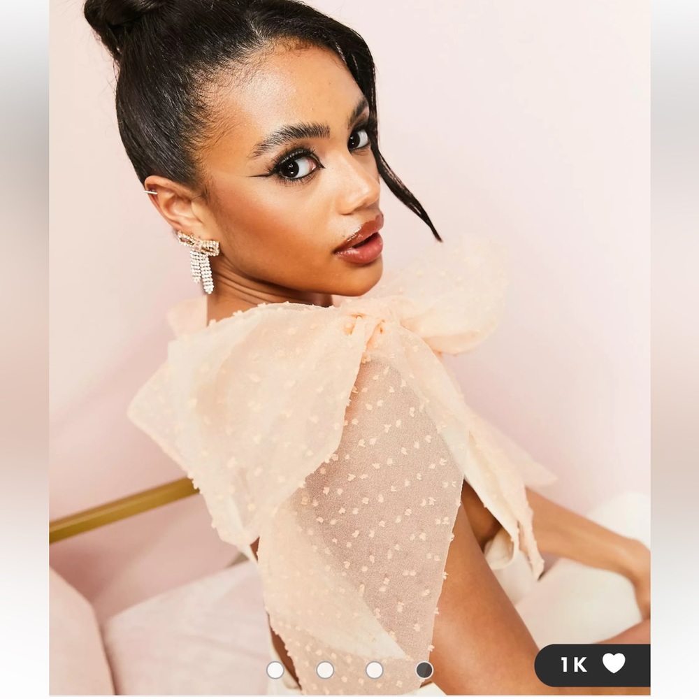 ASOS LUXE textured tie shoulder top in cream pale pink tulle bow crop US 6 small - Picture 3 of 12